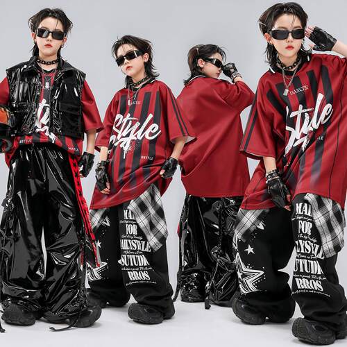 街舞儿童潮服嘻哈男童黑红条纹皮裤演出服套装hiphop男孩表演服男