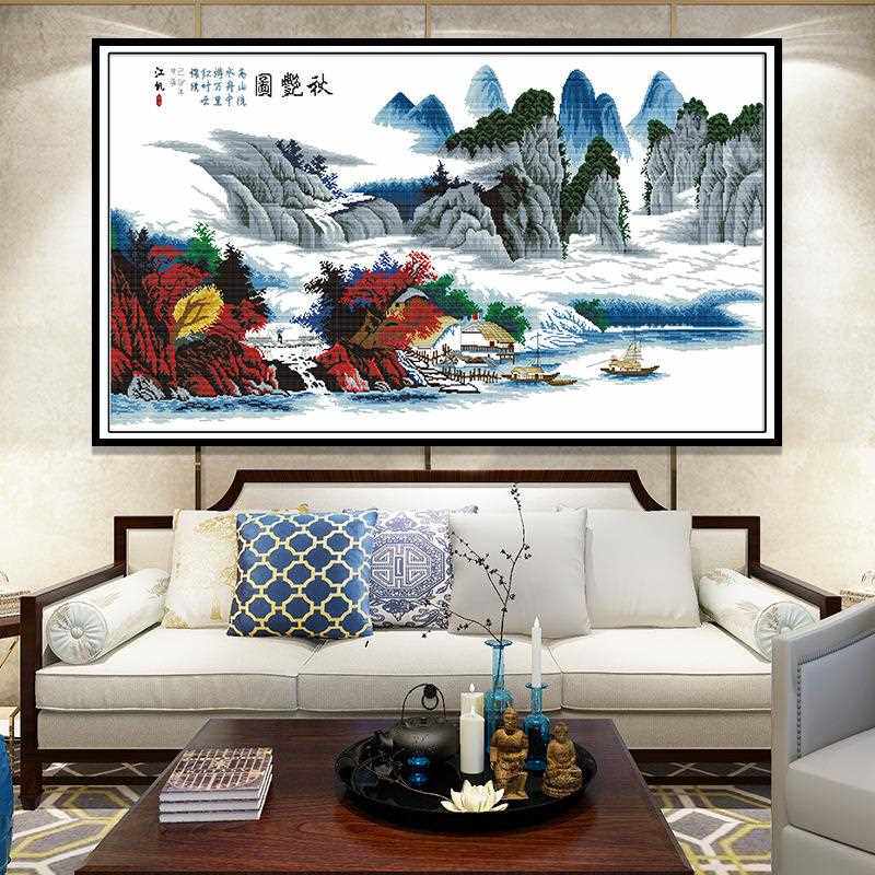 欢乐99中式山水画十字绣秋艳图大幅客厅挂画自绣刺绣材料