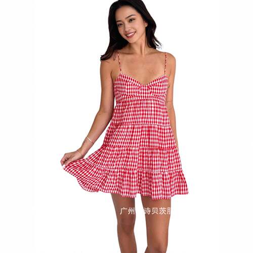 Women Summer Spaghetti Strap Cami Dress Plaid Sweetheart