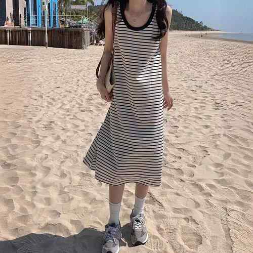 Striped camisole vest dress for chubby women, wearing a