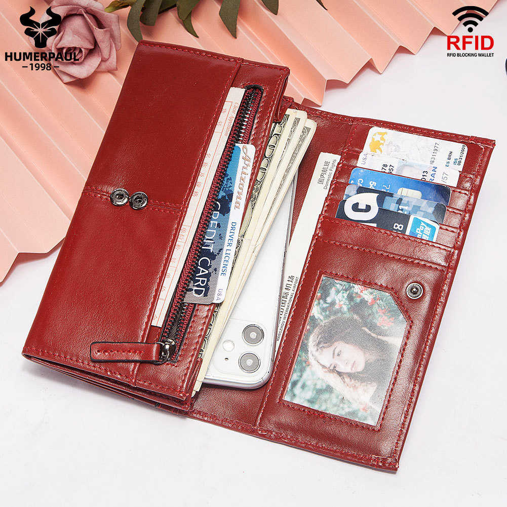 外贸RFID防盗刷手拿包头层牛皮长款女包多卡位零钱包真皮女士钱包