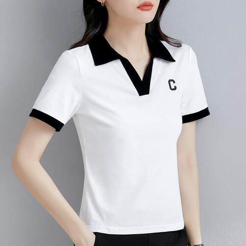 潮牌CVY短袖t恤女士2025夏季新款时尚减龄修身休闲 Polo衫翻领上