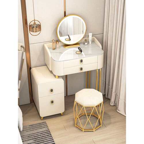 实木岩板梳妆台卧室轻奢现代简约小户型化妆桌收纳柜一体新款妆台