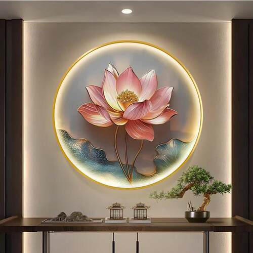 中国风荷花饭厅挂画新中式圆形玄关带灯装饰画客厅艺术LED灯壁画