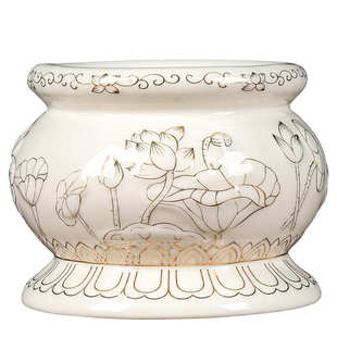 白浮雕描金莲花陶瓷家用香炉佛前供果果盘供水杯供花瓶净水杯套装