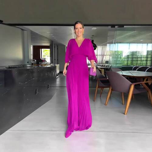 Women'S Green Dress Elegant Pleated Maxi Dress V Neck