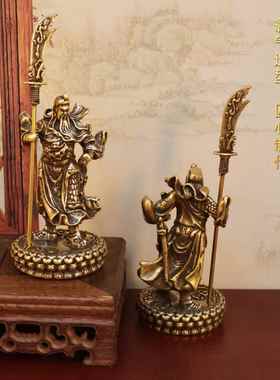 黄铜实心小摆件玄关桌面手把件大刀关公老爷茶道茶宠雕铸古玩铜器