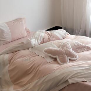 高端轻奢风压花鎏金绒四件套全棉磨毛加厚被套床上用品粉蓝色床单