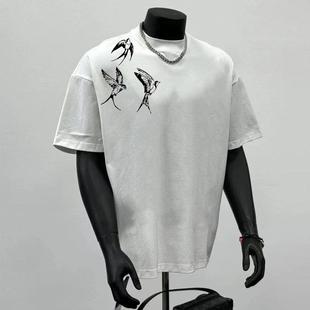 重磅美式 T恤男女圆领体恤打底白T 纯棉T恤不透ins风肩部燕子短袖