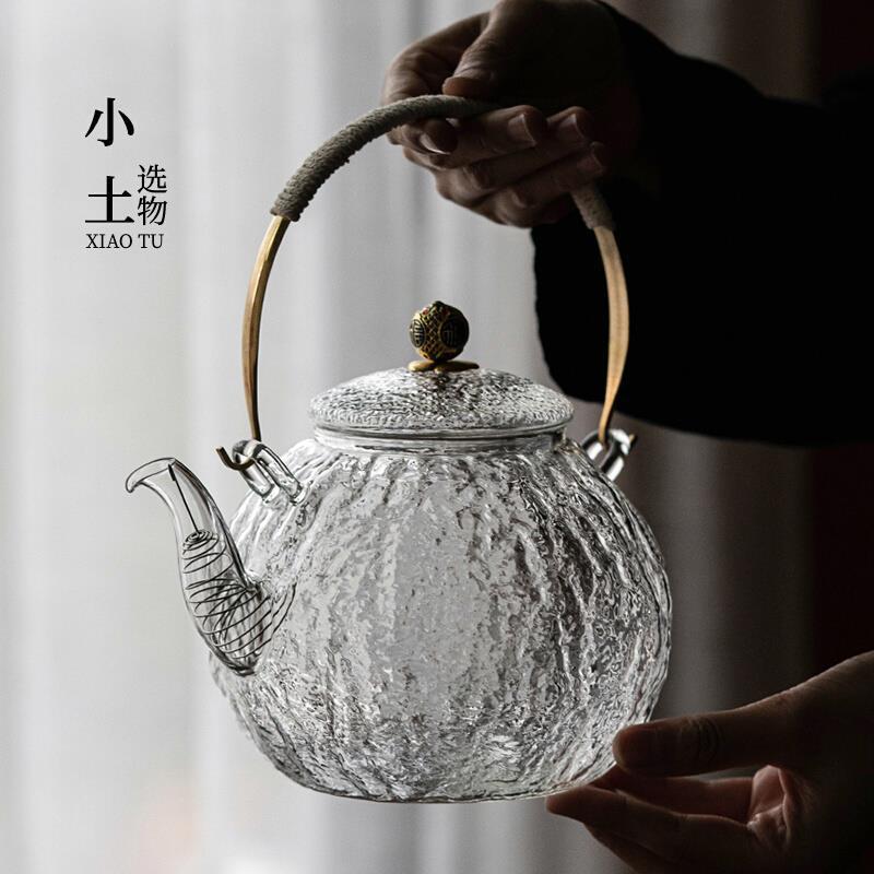 Ψ铜把手提梁壶可加热玻璃烧水壶泡茶电陶炉耐高温玻璃壶煮茶壶