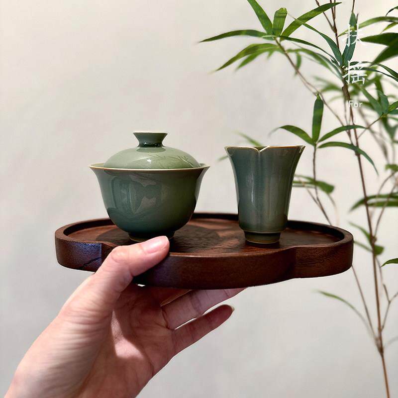 扶摇龙泉青瓷薄胎二才盖碗防烫中式复古功夫茶具秘釉手工一人饮杯