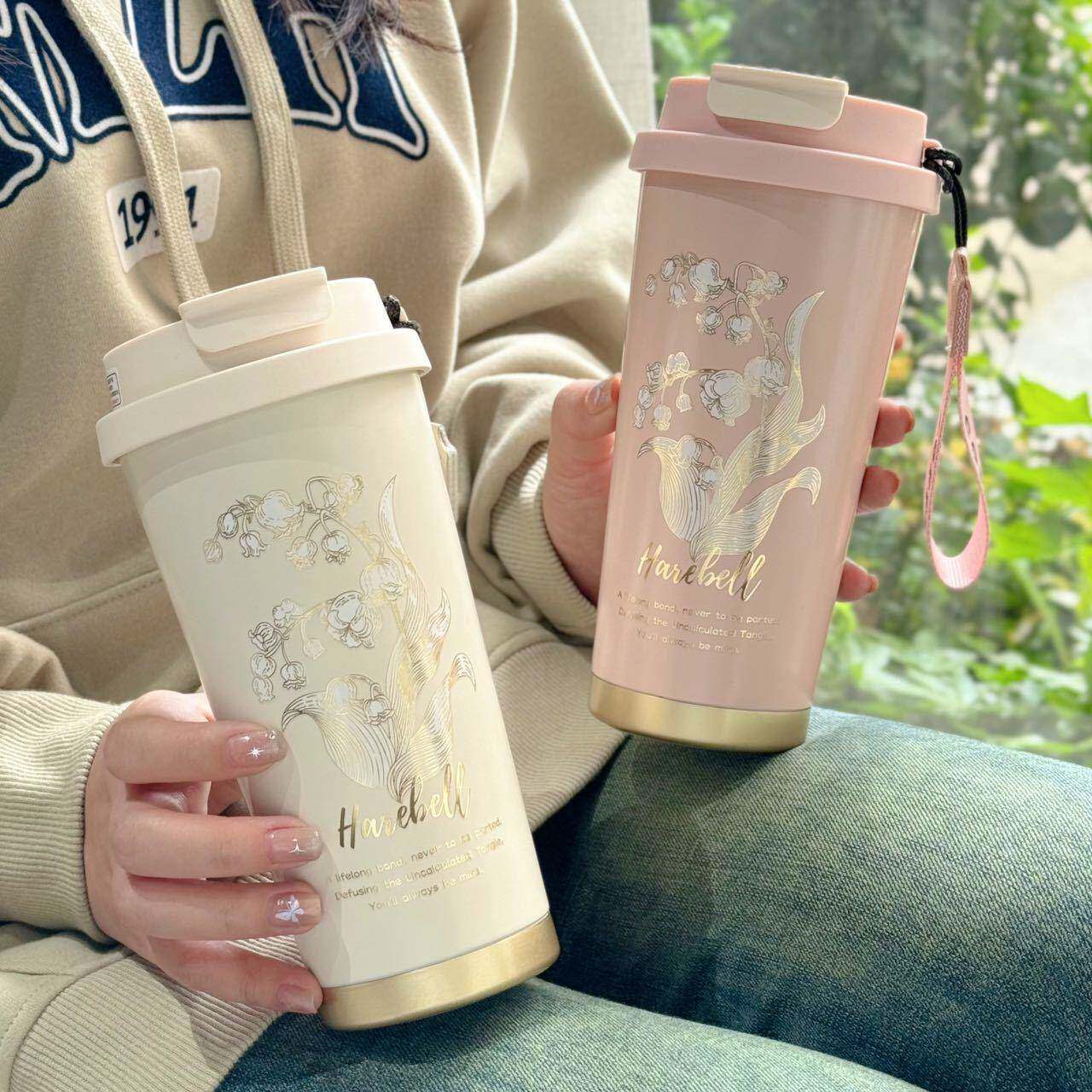 铃兰陶内胆咖啡杯带吸管高瓷颜融耀值锈大容水量带提绳杯不钢保温