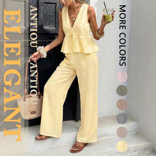 Women Striped Tie Waist Sleeveless Shirt Set Pants Casual