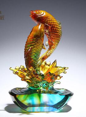 创意锦鲤鱼摆件高档琉璃工艺礼品摆饰客厅书房桌面装饰开 业乔迁