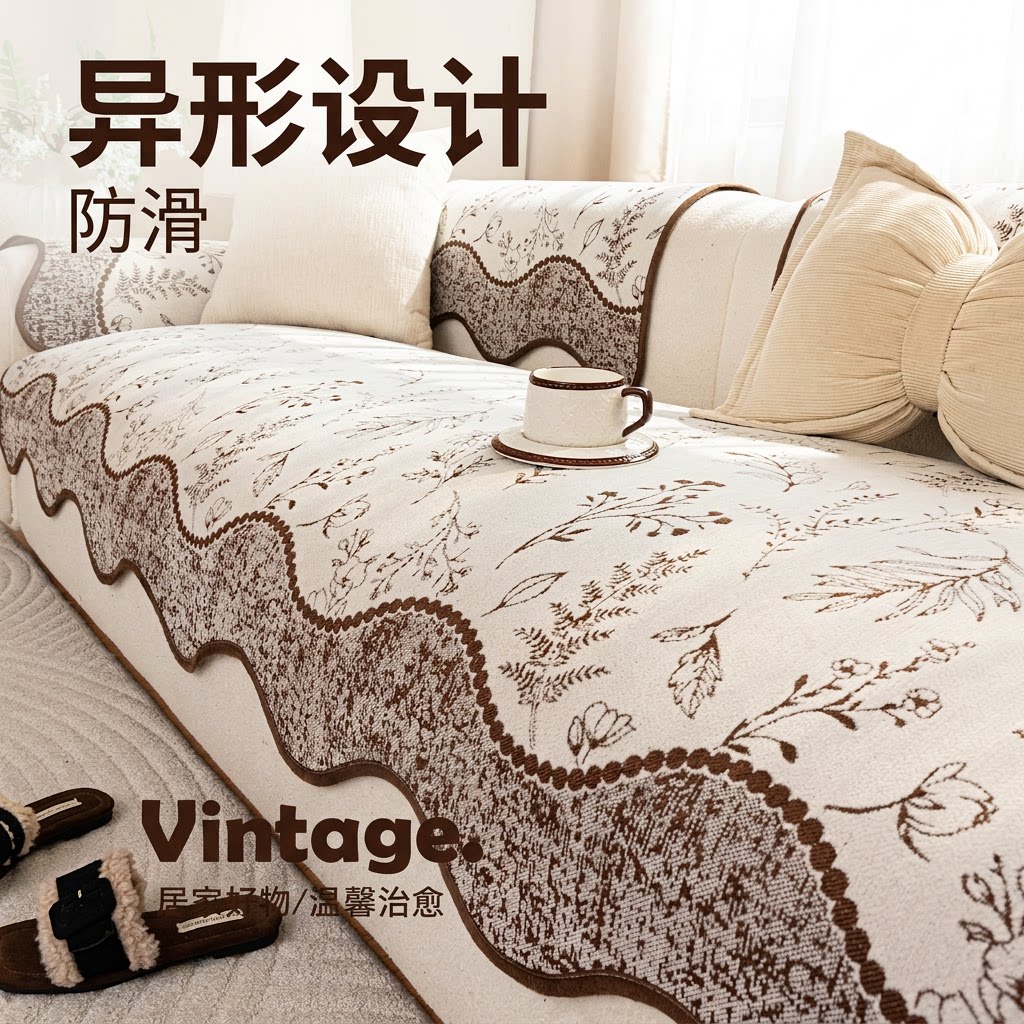 中古风雪尼尔沙发垫四季通用防滑异形一片式直排皮沙发坐垫盖布巾