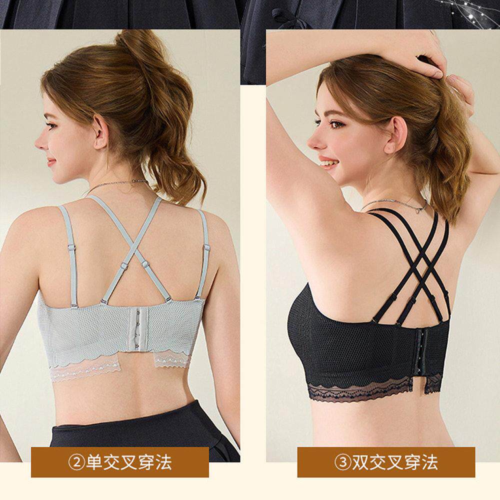 后背交叉美背内衣女大胸显小抹胸无钢圈大码文胸胸罩防滑肩溜肩带
