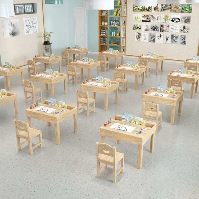 全实木中小学生课桌椅绘画桌培训班书法桌写字桌多功能美术桌儿童