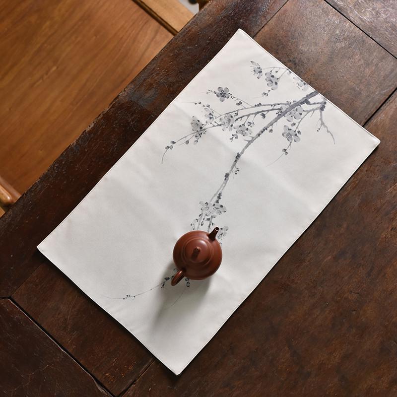 中式手工棉麻布艺茶席布千里江山图古画禅意桌旗桌布茶道干泡茶布