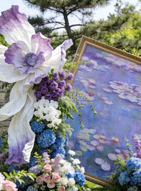 紫色仿真花玫瑰花假花莫奈花园纸艺花装饰摆件仿生花艺氛围造景