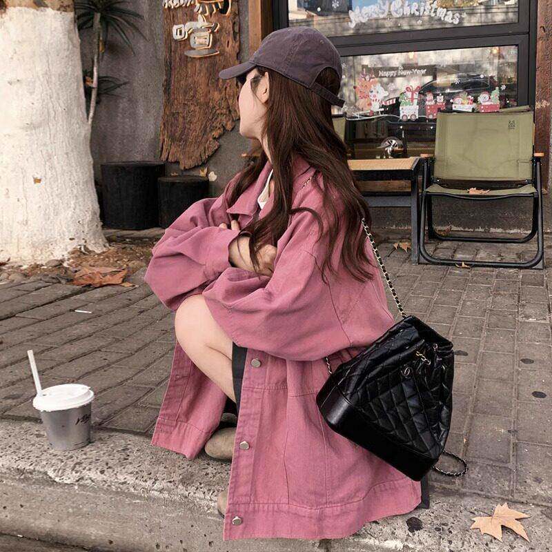粉紫色牛仔外套女春秋季2026新款小个子甜美减龄宽松工装夹克上衣
