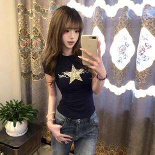 Women's Glitter Bow Print Short Sleeve Tee Casual Round
