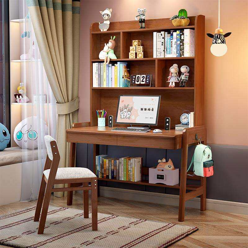 儿童实木书桌家用卧室简约书架一体电脑桌可升降学生写字学习桌椅