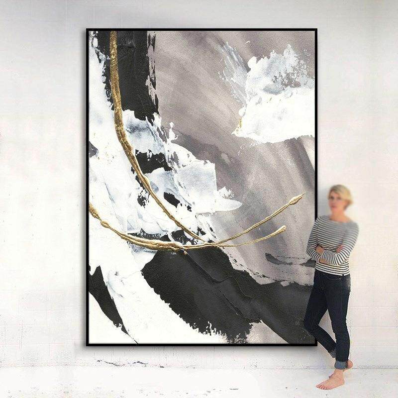 油画象手绘NVN黑白抽浪花大副关玄厅装饰画客沙发背景墙挂画走廊