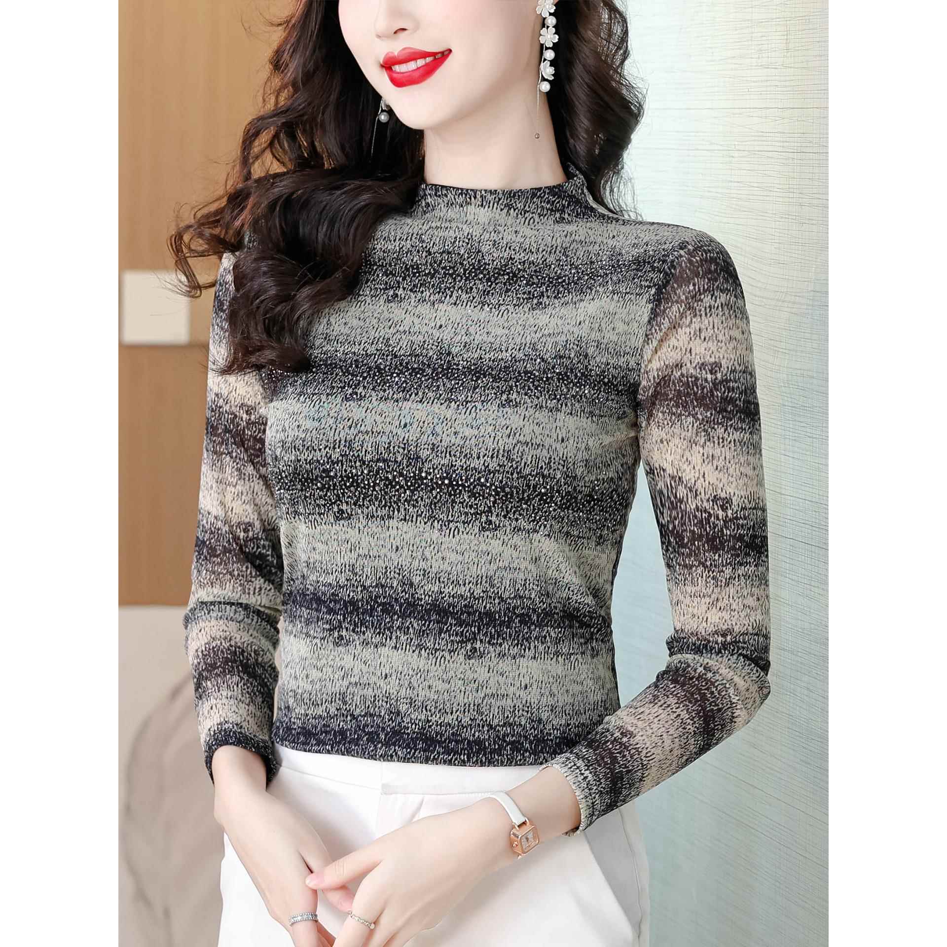 ROUMIKL时尚烫钻半高领网纱打底衫女秋装高级感内搭小衫修身显瘦