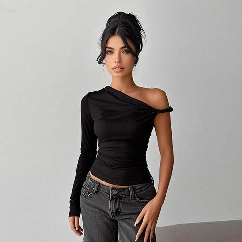 Women's One Shoulder Long Sleeve Knit Top Shirts Casual