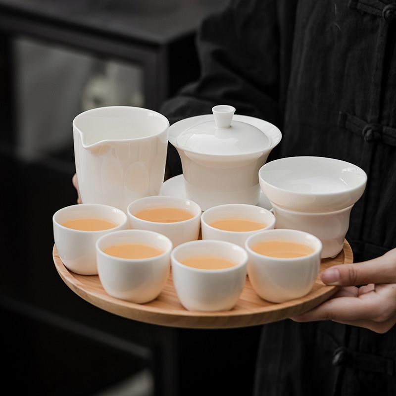 苏氏陶瓷 羊脂玉瓷家用功夫茶具带茶盘白瓷盖碗全瓷茶漏配6杯套组