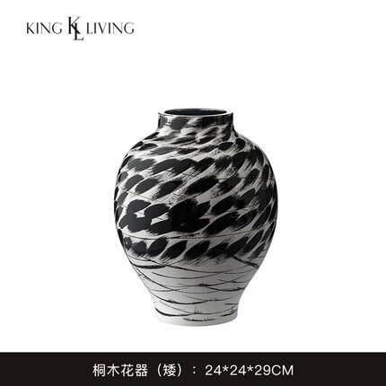 新中式样板房间黑白条纹花瓶摆件干花插花台面摆设家居装饰品花器