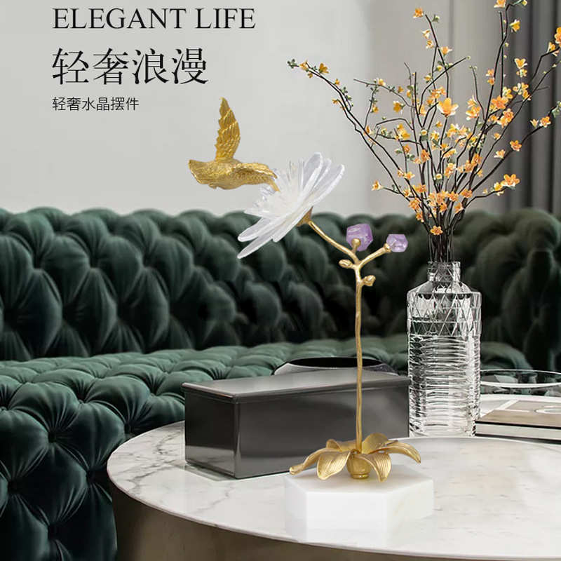 家居玄关水晶摆件铜电视柜艺术品茶几装饰品石花鸟客厅奢轻后现代