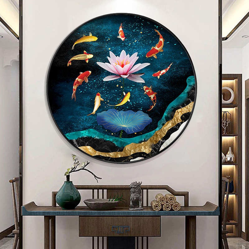圆形玄关挂画现代轻奢样板间新房晶瓷画新中式九鱼图客厅书房壁画