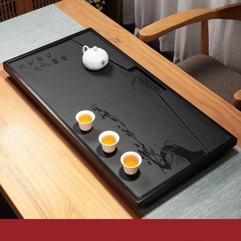 轻奢天然乌金石茶盘高档客厅大号茶台石头茶海排水简约黑金石茶盘