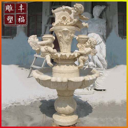 欧式石雕小天使喷泉 大理石水景喷泉雕塑 西方人物石材罗马喷泉