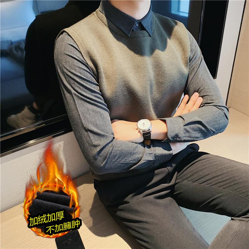 新款色加绒假两件衬衣男毛衣拼接秋冬季韩版修身衬衫领针织0917z