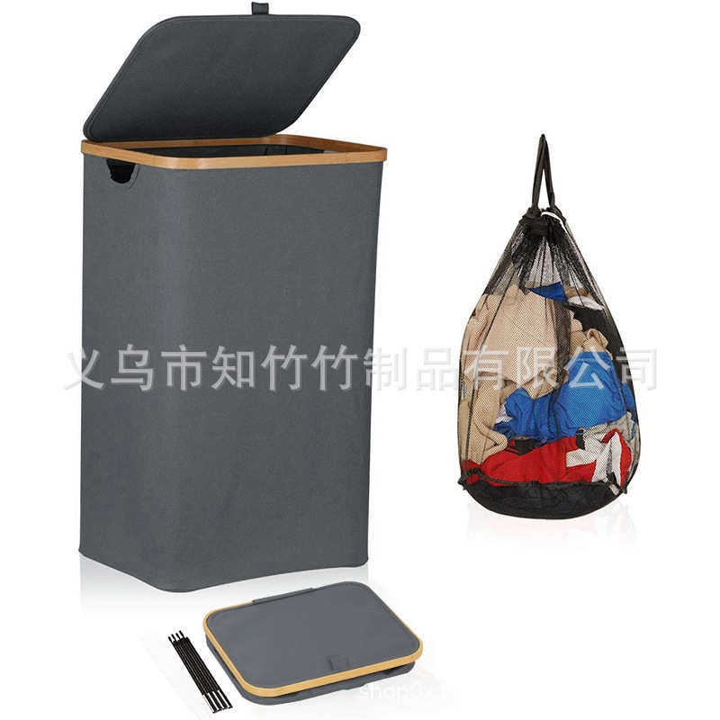跨境牛津布脏衣篮折叠带盖布艺家居收纳篮洗衣篮脏衣服收纳竹框