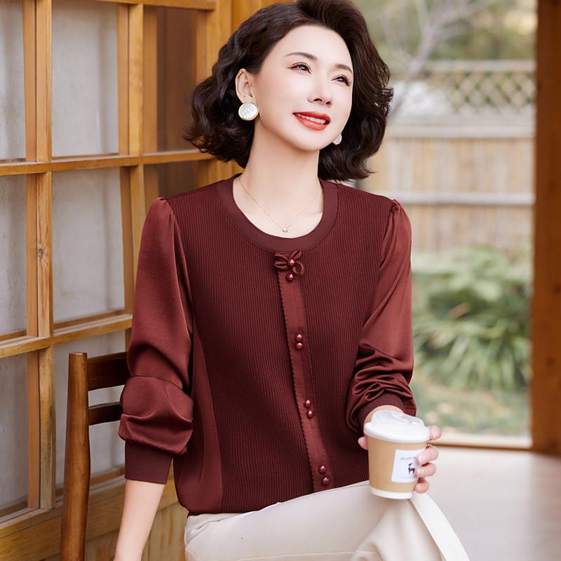 【桑蚕丝100%】大码中年妈妈夏装针织衫女长袖真丝圆领上衣女套装