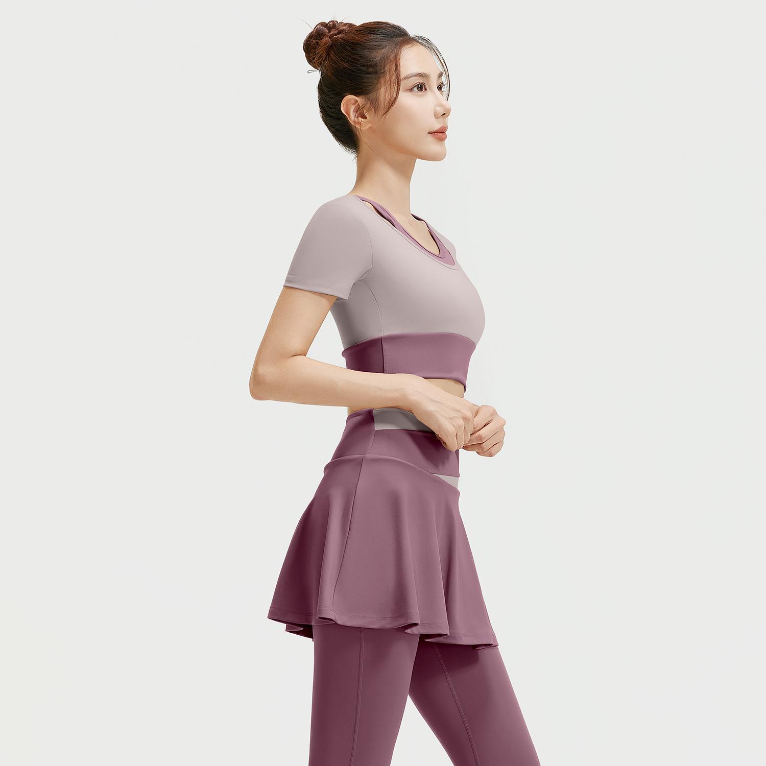 Nude high elastic color matching fake two-piece yoga suit