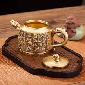 新款直销黄铜复古福字龙头茶壶高档摆件浮雕茶具铜壶家居装饰金属