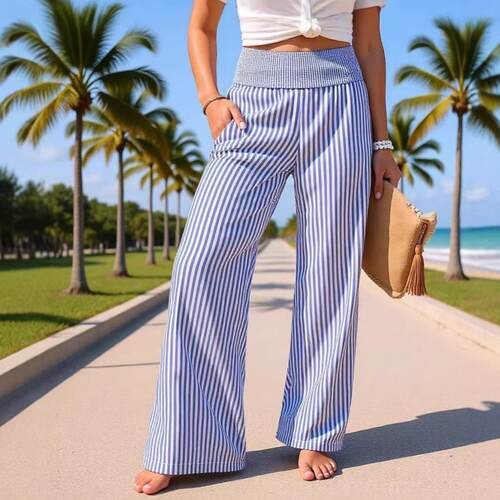 Striped drawstring pants with wide legs条纹打揽长裤阔腿裤