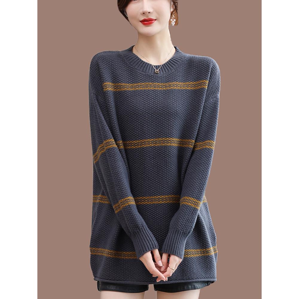 羊毛衫女韩版宽松显瘦休闲条纹针织衫圆领毛衣中长款打底上衣洋气