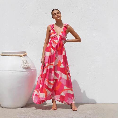 Dress with printed collar, large swing suspender, long