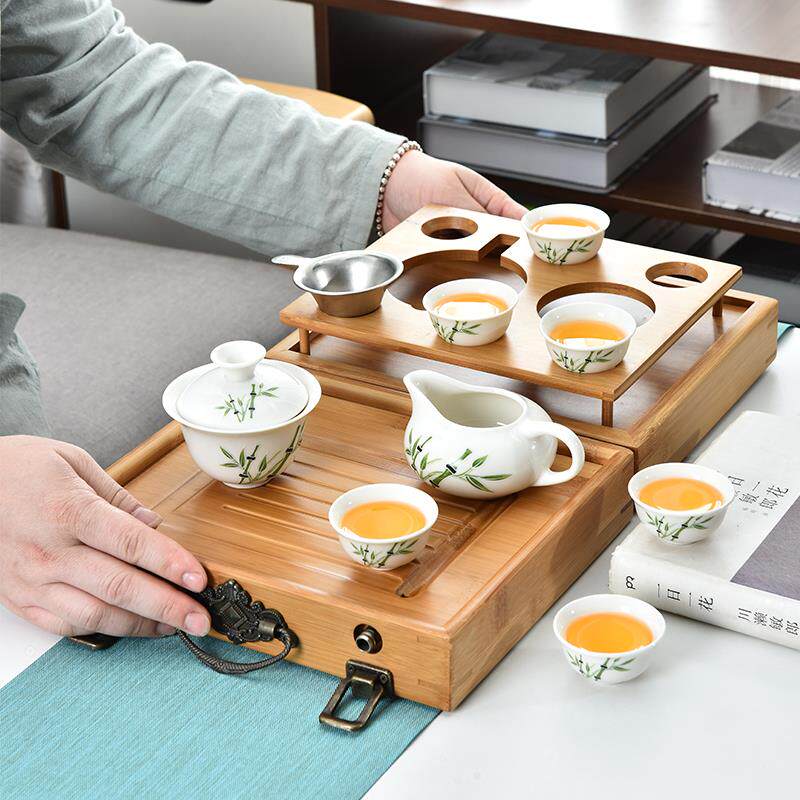 德化陶瓷旅行具带用收纳箱F76S875T二合一茶盘两户外露营功茶夫竹