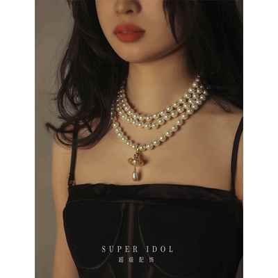 新版西太后三层珍珠项链刻字经典土星复古水滴单层锁骨链毛衣链美