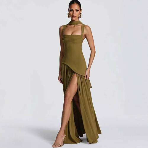 Womens Solid Color Cut-Out Square Neck Sash A-Line Maxi
