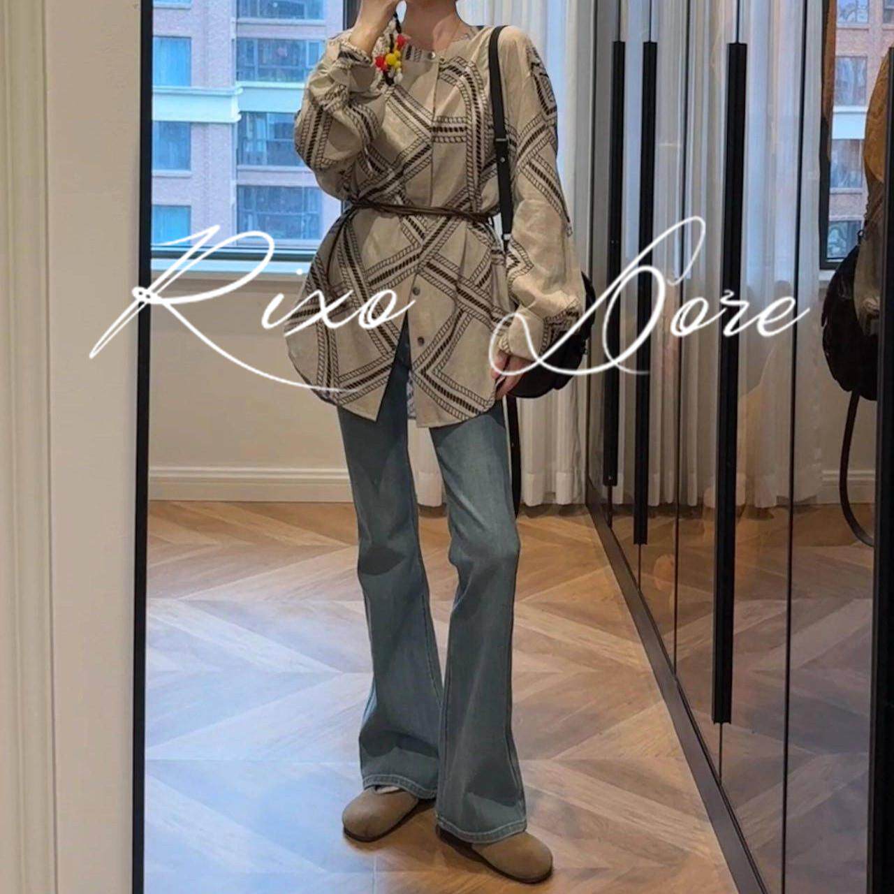 RIXO DORE法式高级设计松弛感印花长袖衬衫女收腰宽松上衣轻奢风