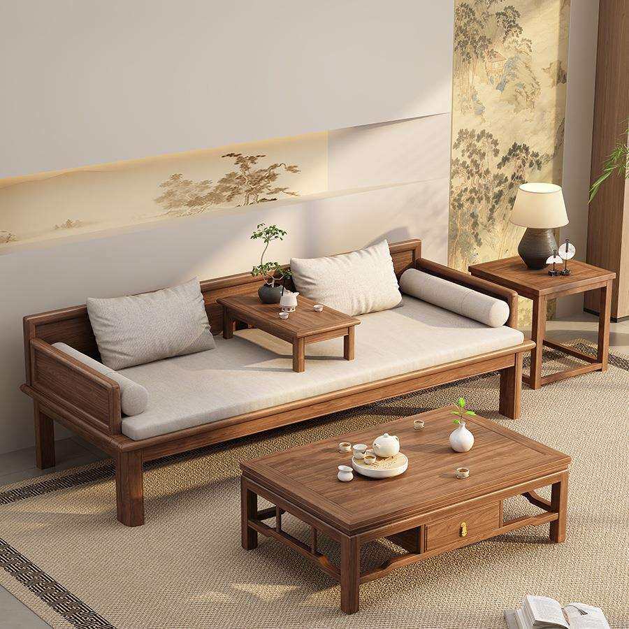 南美胡桃木全实木沙发床两用禅意多功能推拉折叠新中式伸缩罗汉床