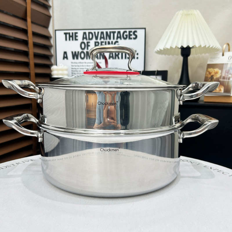 出口德国304不锈钢蒸锅家用蒸煮炖加厚二层馒头汤锅带蒸笼26/28cm