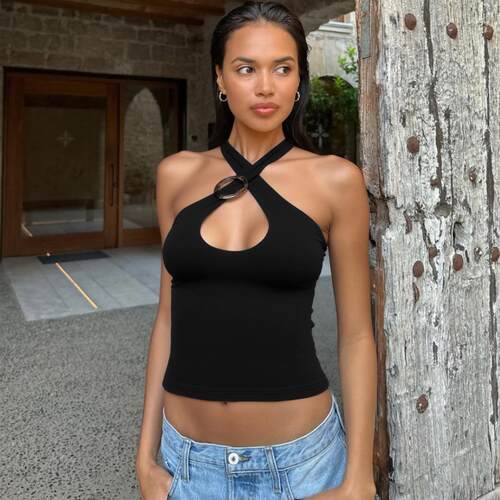 Womens Solid Halter Neck Backless Tank Top Casual